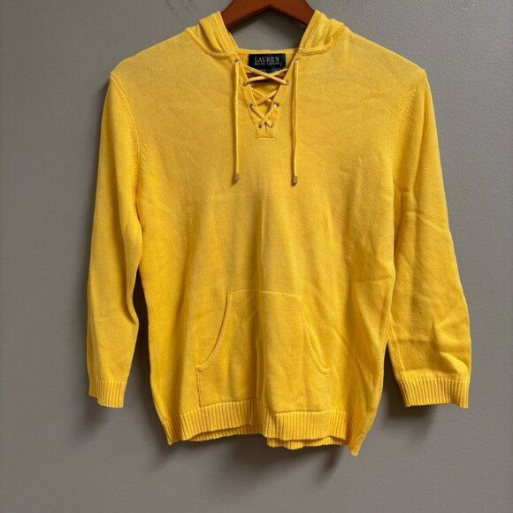 Lauren Ralph Lauren Womens Y2K Lace Up Front Sweater Hooded Size M Yellow Preppy - Picture 1 of 11